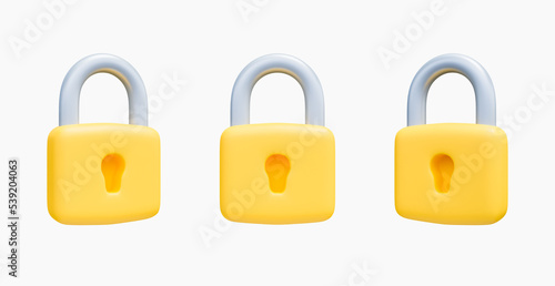 3D render golden yellow closed lock minimal style icon set. Safety, security, and protection concept.