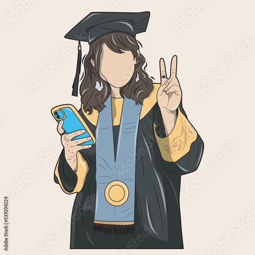 vector illustration of beautiful girl on graduation day holding cell phone and necklace with medal, in peace style