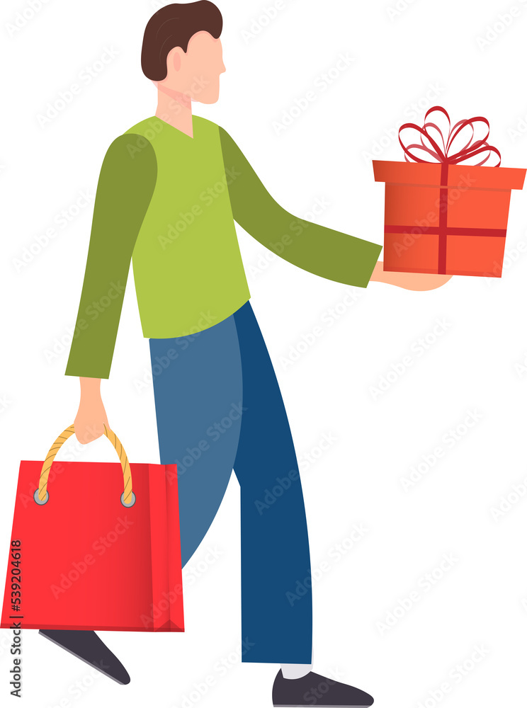 Young man holding gift box and shopper in his hands Young man holding gift box and shopper in his hands