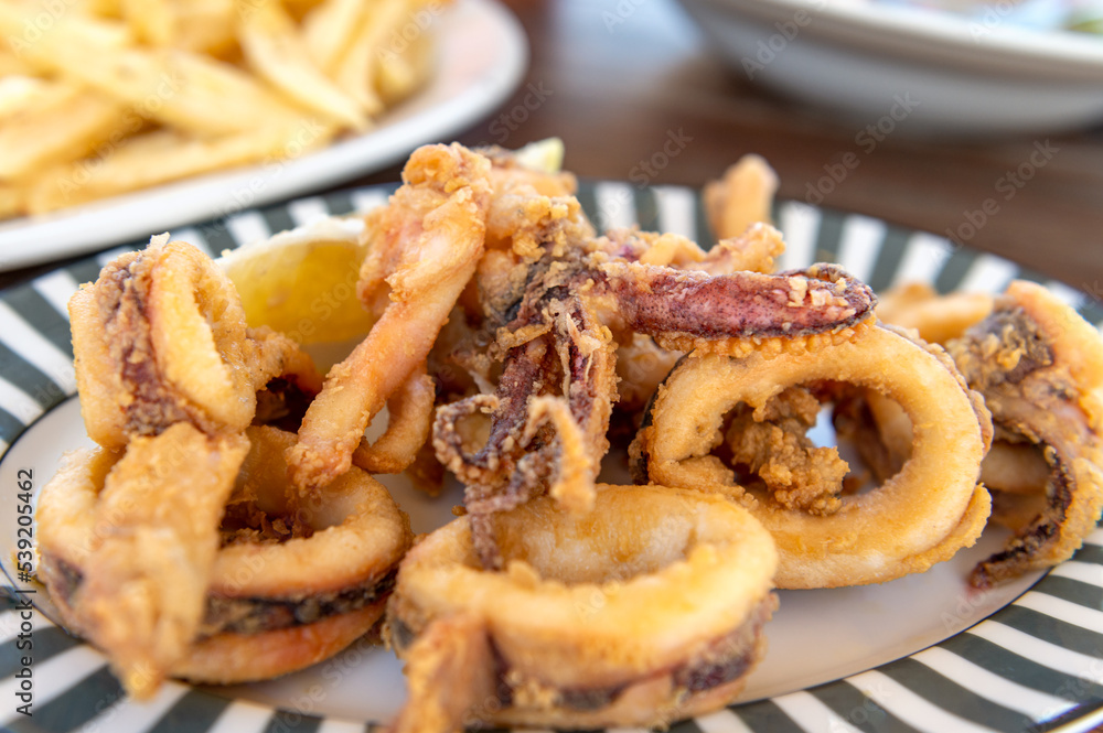 Traditional Greek crispy squids or calamari rings served with french fries in tavern, traditional greece food
