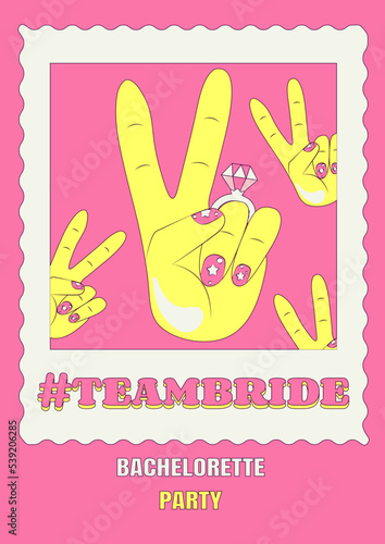 Bridal shower invitation card in retro groovy style Vintage bachelorette party invite Template for your design