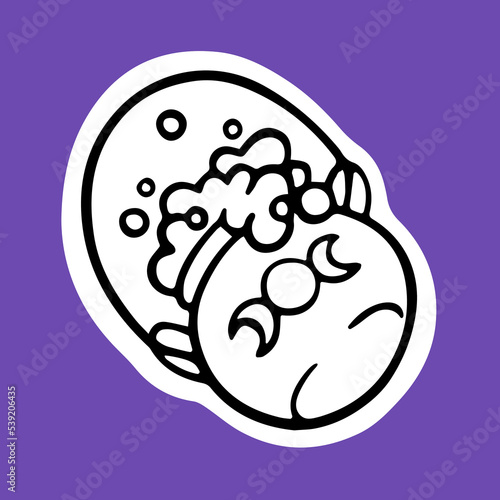 Halloween lineart cauldron with potion. October holiday sticker, caldron full of boiling poison with bubbles, Helloween treats for witchcraft. Isolated flat line-art vector illustration