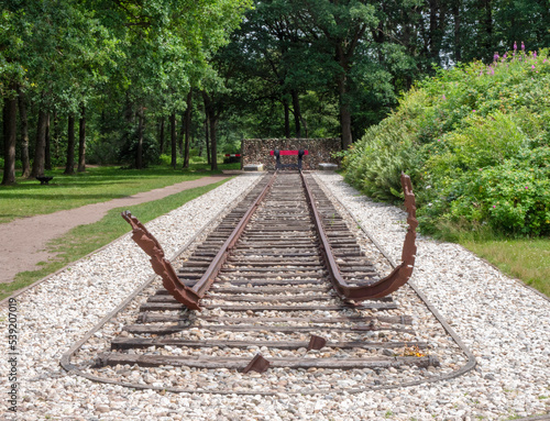 Monument in the transit camp Westerbork in the Dutch province of Drenthe. From the camp, more than 102,000 Jews and 245 Roma were deported by train to concentration and extermination camps in Europe.