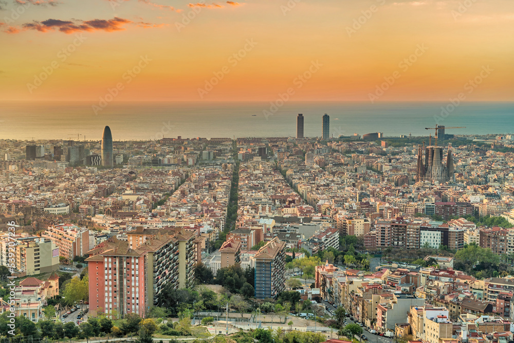 Barcelona Spain, high angle view sunrise city skyline from Bunkers del Carmel