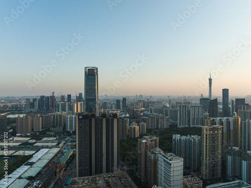 Aerial sunset view of Guangzhou, China. © Ocean