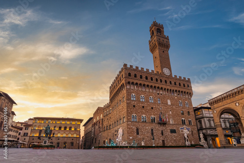 Florence Italy, sunrise city skyline at Signoria square and Palazzo Vecchio