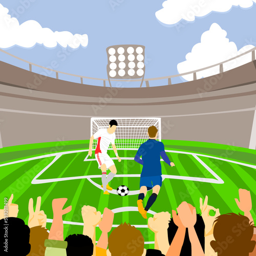Vector of crowd Football or soccer fans supporting their team at stadium, cheering, and celebrating goal, victory.