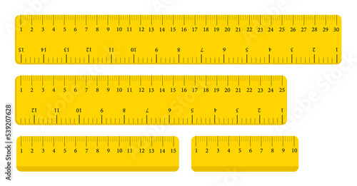 Set of yellow rulers. Measurement tool in centimeters, millimeters, inches. Isolated set of flat rulers for determining the size. Exact length. Vector illustration. 