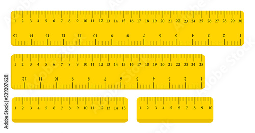 Set of yellow rulers. Measurement tool in centimeters, millimeters, inches. Isolated set of flat rulers for determining the size. Exact length. Vector illustration.

