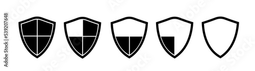 Shield icons set. Black antivirus sign. Protection level concept. Collection of simple symbols of different fullness. Vector illustration