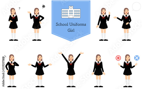 セーラー服を着た女子生徒のポーズセット、疑問・困る・指さし・話すetc