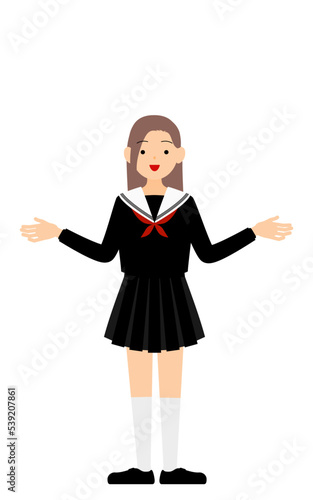 セーラー服を着た女子生徒、両手を広げる身振り