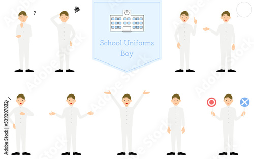 白い学ランを着た男子生徒のポーズセット、疑問・困る・指さし・話すetc