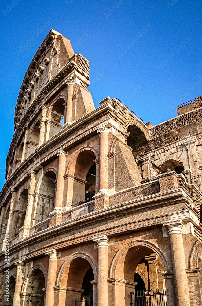 Close-up of the facade of the Colosseum in Rome