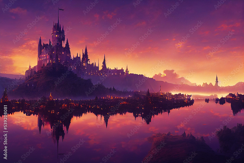Fantasy castle, sunset over the river