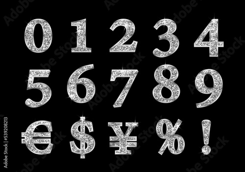 A set of numbers and signs of currencies, silver, sparkling with glitter and a metallic stroke.
