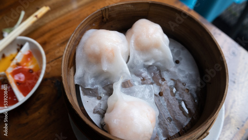 har gow or hakau or haukau or shrimp dumpling is basically a shrimp bonnet mentioned for its pleated shape. it is a type of dimsum