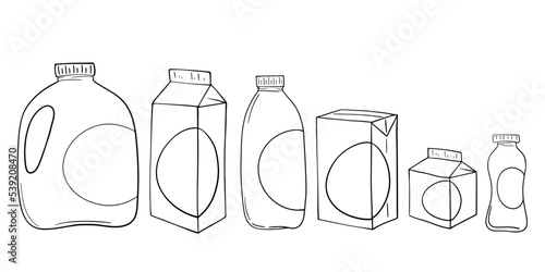 Monochrome Set, various light plastic containers with milk and juice, vector cartoon