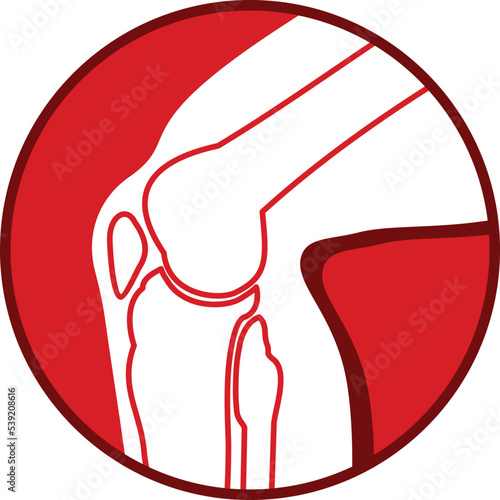 Knee pain round icon. Leg joint arthritis sign