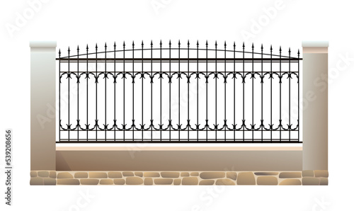 Iron forged fence with plastered brick pillars. Isolated on white background Vector.