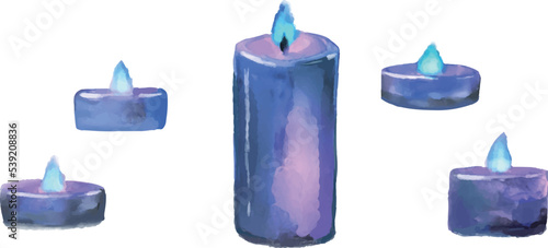 青い炎のキャンドル 水彩風ベクターイラストセット
