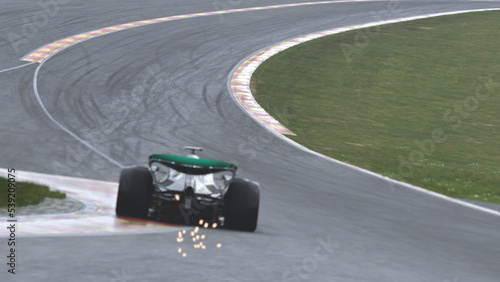unfocused racing car running on track 3D illustration.