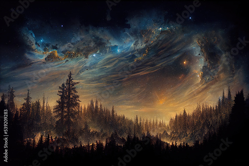 AI generated image of a celestial sky over a large forest. Stars, galaxies, Milky Way 