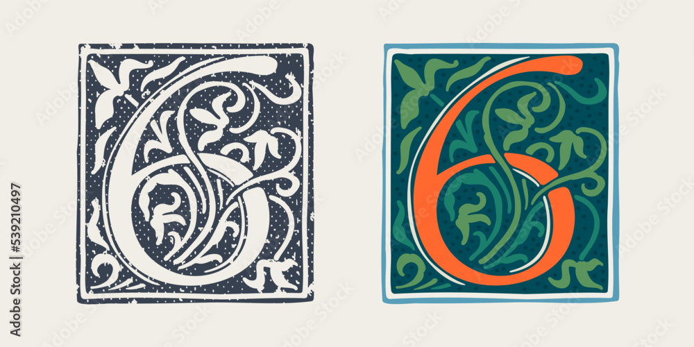 Number six logo in medieval gothic style. Set of dim colored and monochrome grunge style icons. Engraved initial drop cap. Number six logo in medieval gothic style. Set of dim colored and monochrome grunge style icons. Engraved initial drop cap.