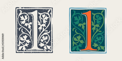 Number one logo in medieval gothic style. Set of dim colored and monochrome grunge style icons. Engraved initial drop cap.