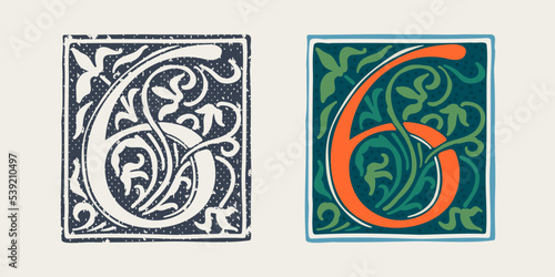 Number six logo in medieval gothic style. Set of dim colored and monochrome grunge style icons. Engraved initial drop cap.