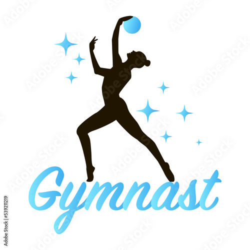 Young gymnast with ball silhouette in blue colors. Gymnastics logo. Vector illustration