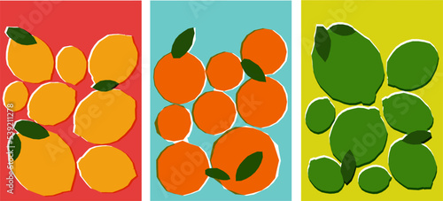 A Set of Three Contemporary Dual Tone Citruses Vector Illustrations. Bauhaus Influence contemporary risograph effect illustration. Oranges, Lime and Lemons Vector Illustrations.