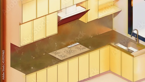 Kitchen isometric watercolor close up sketch