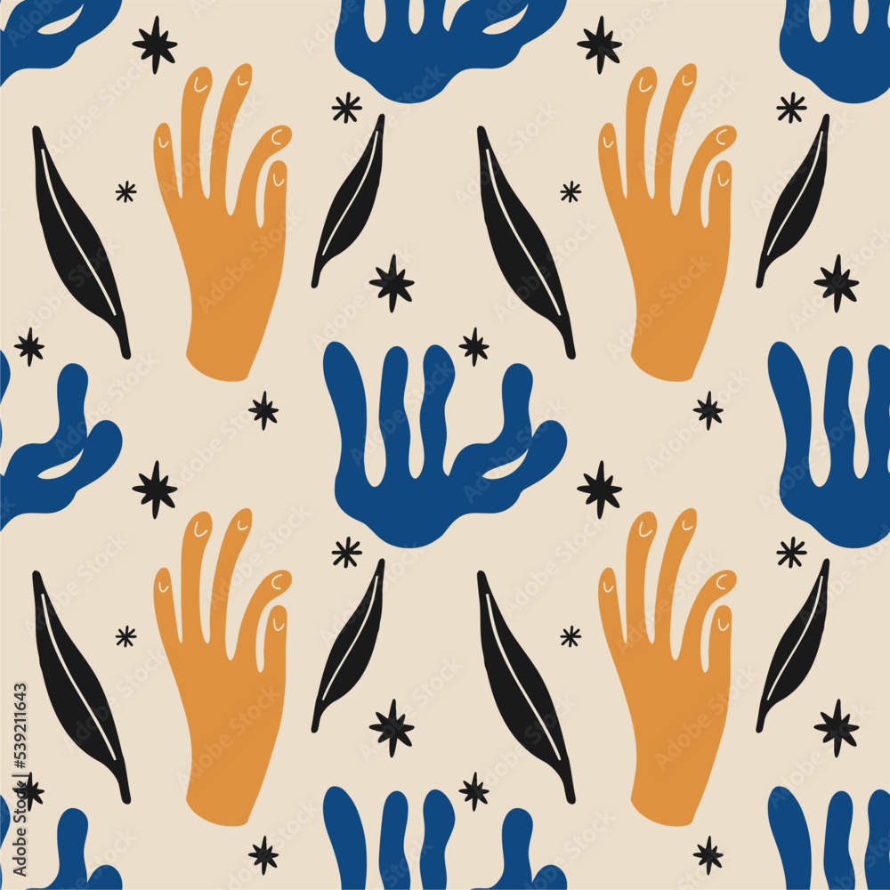 Fototapeta premium Colorful seamless pattern with ornamental plants, hands and stars. Modern boho style, EPS10 vector illustration, design for fashion fabric, textile, wallpapers, packaging and all print