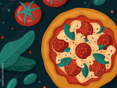 Illustration pizza with tasty ingredients on dark background