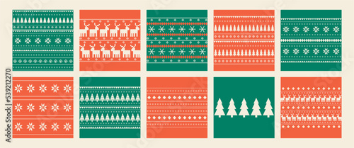 Set of Christmas and New Year seamless patterns. Fair Isle flat knitted pattern with Scandinavian snowflakes, Christmas trees and deer for winter hat, sweater, jumper, paper or other designs.