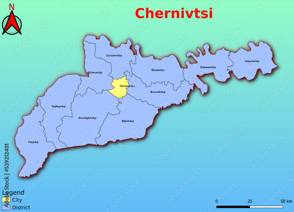 Vector map of the Ukraine administrative divisions of Chernivtsi Region with City, City Council, District, Raion