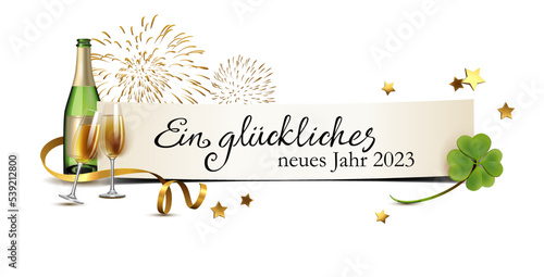 Neues Jahr Glückwunsch Banner mit Sekt, Feuerwerk, Kleeblatt und Schleife