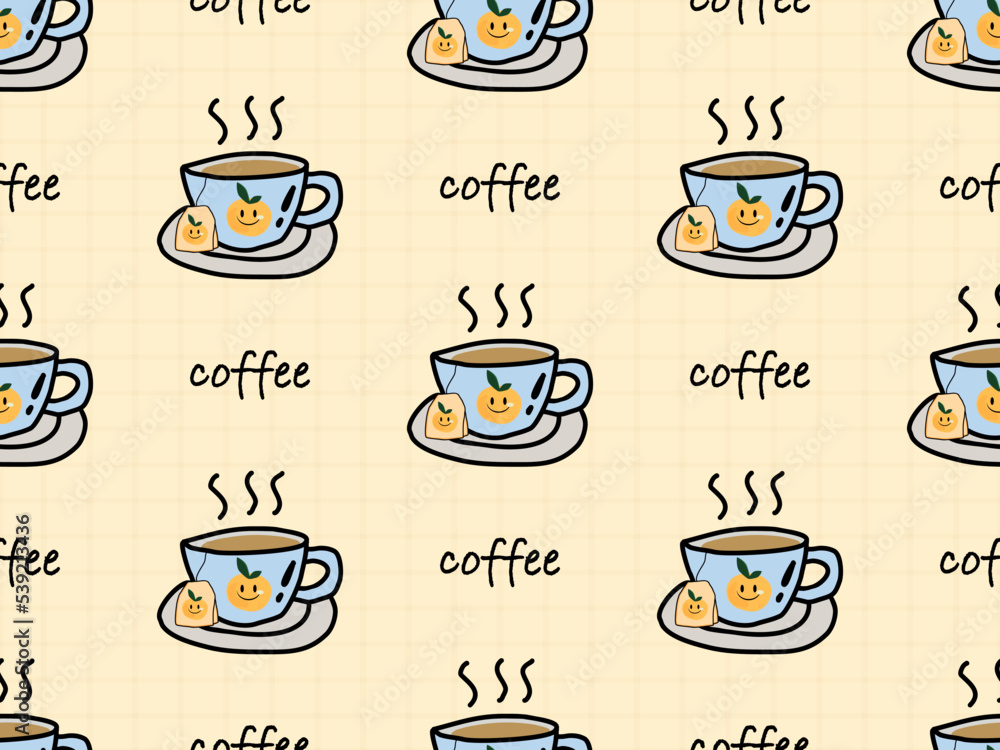 Coffee cartoon character seamless pattern on yellow background
