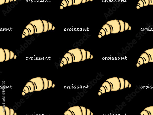 Croissant cartoon character seamless pattern on black background