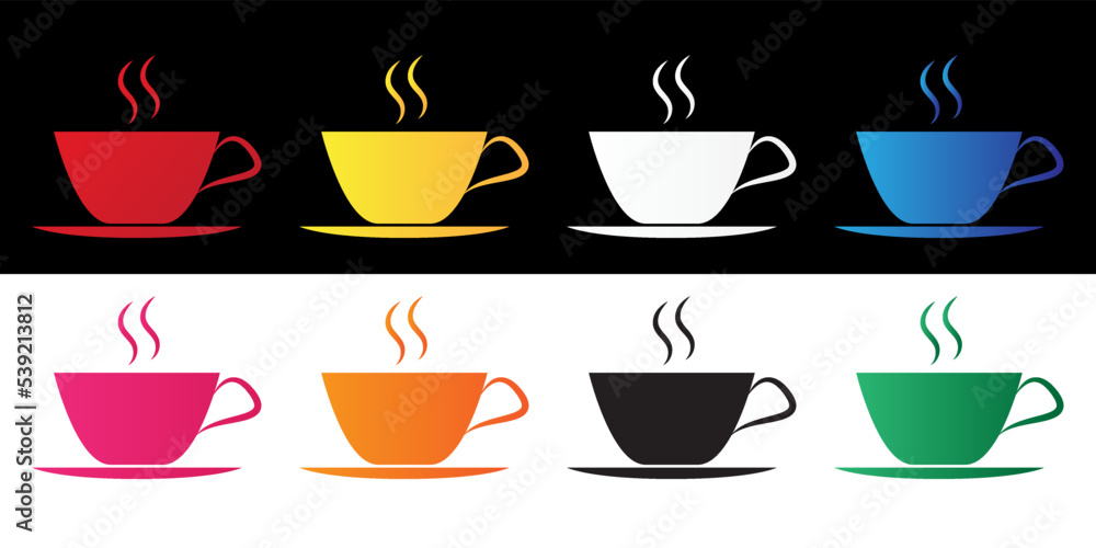 Set Coffee cup icon isolated on black and white background. Tea cup. Hot drink coffee. Vector illustration Set Coffee cup icon isolated on black and white background. Tea cup. Hot drink coffee. Vector illustration
