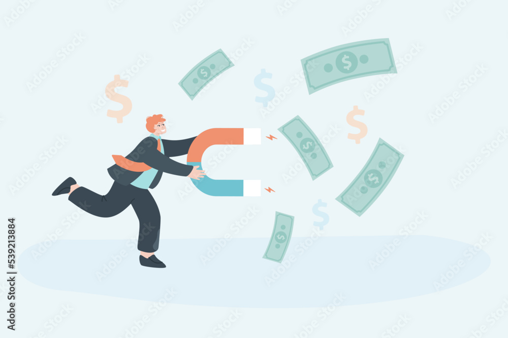 Businessman attracting falling dollar bills with magnet. Office worker getting salary or profit flat vector illustration. Success, economy, finances, income concept for banner or landing web page Businessman attracting falling dollar bills with magnet. Office worker getting salary or profit flat vector illustration. Success, economy, finances, income concept for banner or landing web page