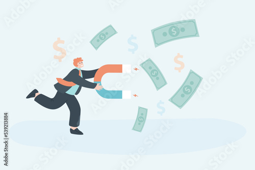 Businessman attracting falling dollar bills with magnet. Office worker getting salary or profit flat vector illustration. Success, economy, finances, income concept for banner or landing web page
