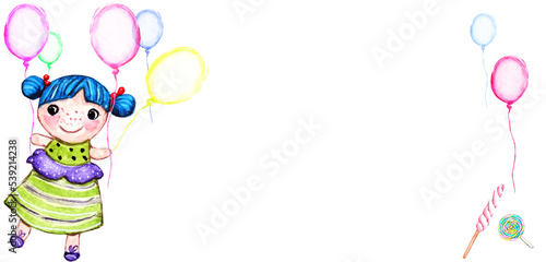 Banner con bambina e palloncini colorati, illustrazione ad acquerello isolata su sfondo bianco photo