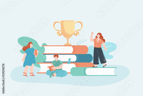 Successful tiny students with huge books and gold cup. Young people studying and reading books flat vector illustration. Education, achievement or success concept for banner or landing web page