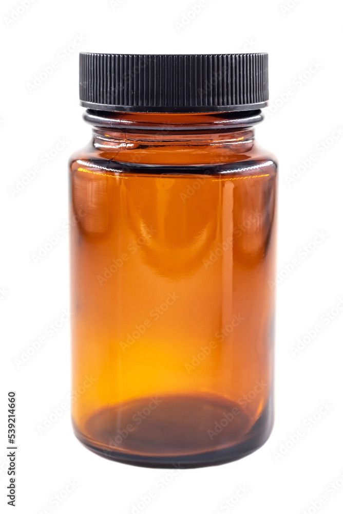 Medical bottle in brown for capsules and tablets on a white background. Packaging for medical preparations Medical bottle in brown for capsules and tablets on a white background. Packaging for medical preparations
