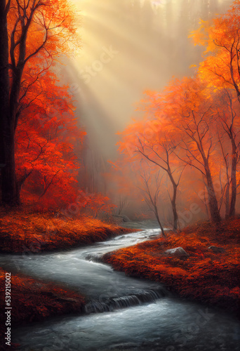 Autumn forest with river 3d illustrated 