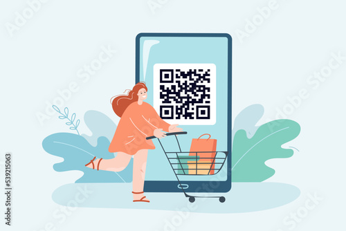 Customer with shopping trolley and QR code on big phone screen. Woman shopping or paying online flat vector illustration. Shopping, payment, retail concept for banner, website design or landing page