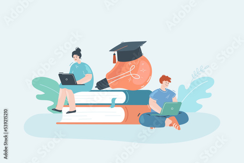 Tiny students with laptops with huge books and lightbulb. Cartoon man and woman studying online, graduation hat on bulb flat vector illustration. Education, knowledge, technology concept for banner