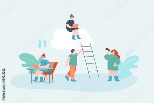 Office woman at table sending files to colleague on cloud. Tiny workers using service or application for sharing data flat vector illustration. Online communication, network concept for banner